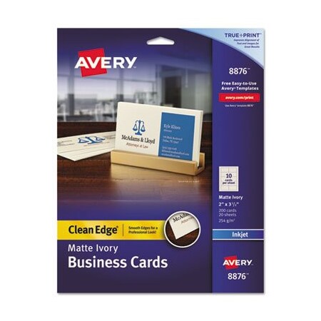 Avery Dennison Avery, True Print Clean Edge Business Cards, Inkjet, 2 X 3 1/2, Ivory, 200PK 8876